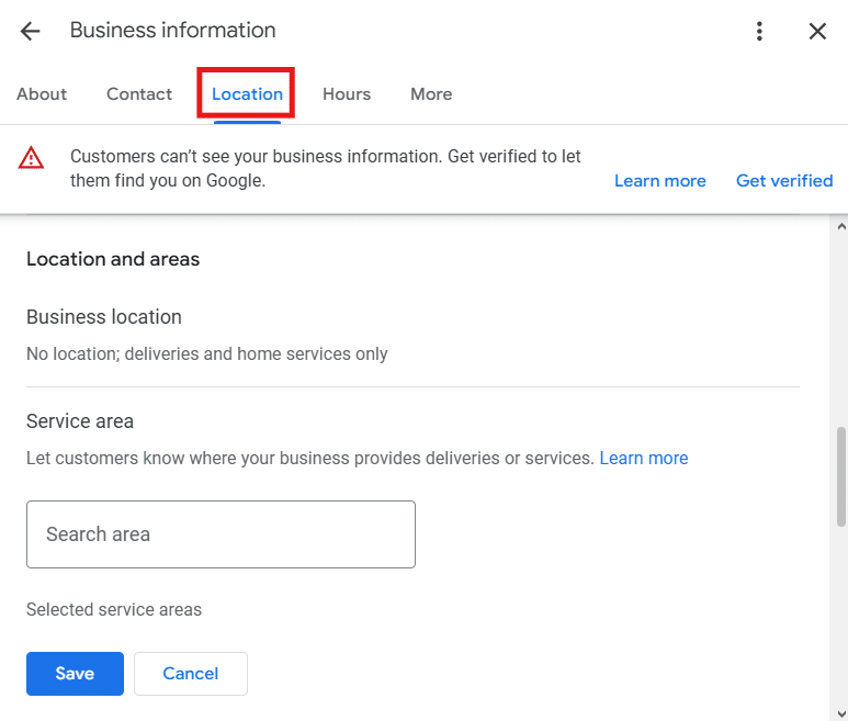 Business location set to No location, deliveries and home services only, with a Service area search box