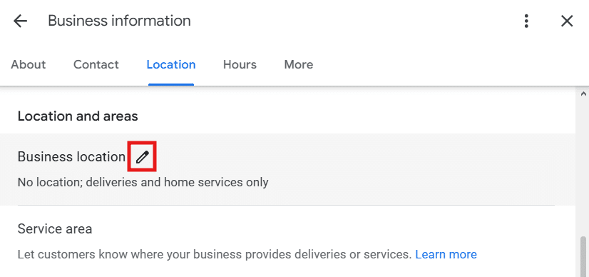 Google Business Profile Location tab with the edit pencil next to Business location