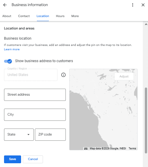 Business location address fields with the Show business address to customers toggle